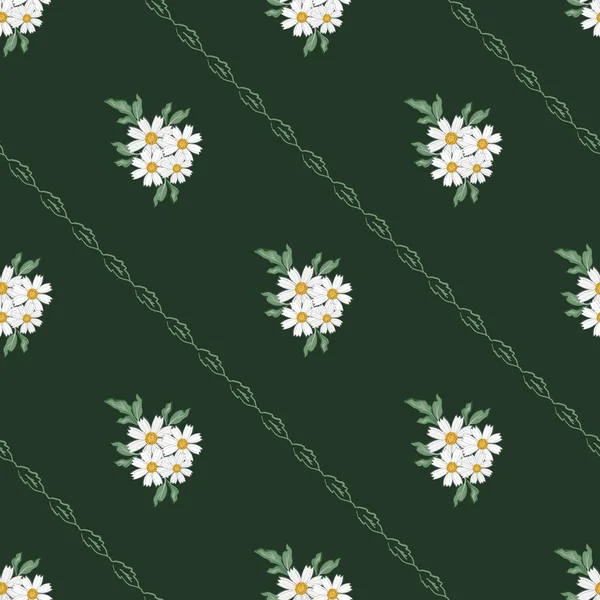 カモミールの花のシームレスなベクトルパターンの背景 古代の薬草濃い緑色の背景の花の頭のグループは 縞状の葉のガーランド 植物植物園の花 Print — ストックベクタ