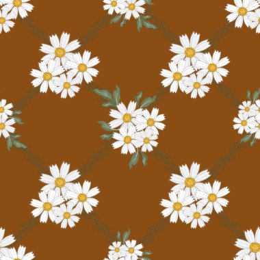 Papatya çiçeği dikişsiz vektör desenli arka plan. Çiçek başları yapraklı çelenk şebekesindeki antik şifalı bitkilerden oluşan gruplar arka planda örgü örüyor. Sağlık için bitkisel bitki bahçesi çiçekleri her yere basılmış..
