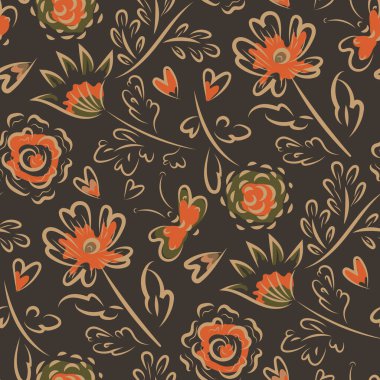 Boho yabani çayır çiçeği. Kelebek, kalp, kusursuz vektör yapısı. Dağınık çiçekler, kelebekler, kalpler toprak renginde arka damlalar. Sıcak turuncu kahverengi boya, botanik çiçek dizaynı.