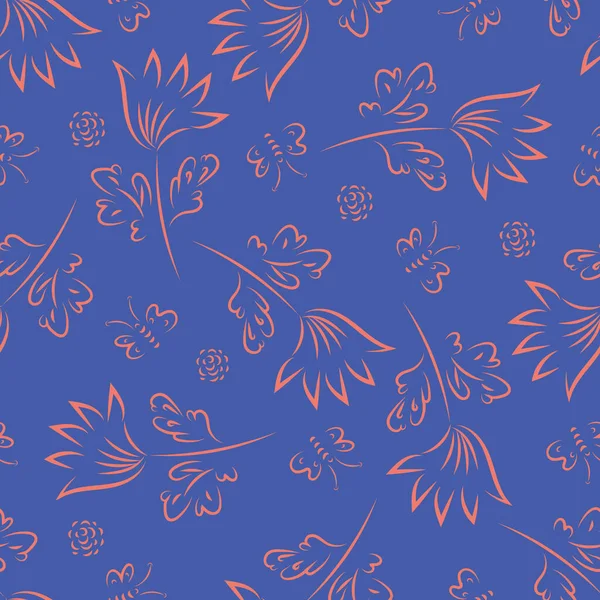 Цветок Дикого Луга Бесшовный Векторный Фон Бабочки Рассеянные Цветы Бабочки — стоковый вектор