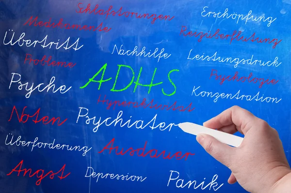 Person writing on chalk board — Stock Photo, Image