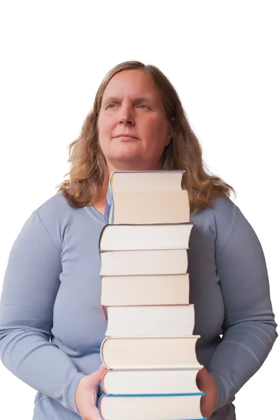 Mulher e uma pilha Livros — Fotografia de Stock
