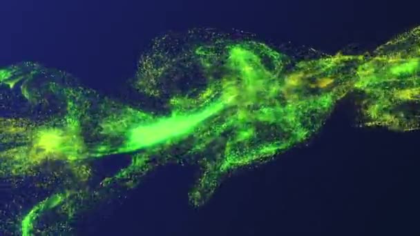 4k arkaplanda parlayan ışık patlamaları olan yeşil simli parçacıkların videosu. — Stok video