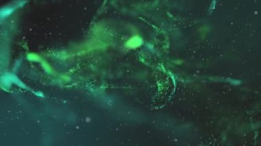 4k arkaplanda parlayan ışık patlamaları olan yeşil simli parçacıkların videosu.