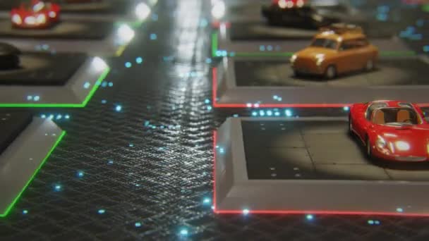 4k vídeo de carros de brinquedo dos desenhos animados no fundo tecnológico. — Vídeo de Stock