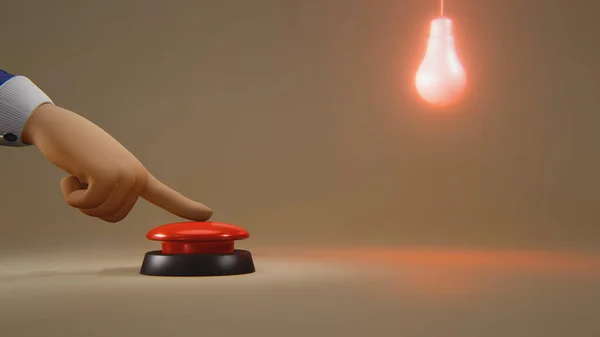 3D απεικόνιση του χεριού κινουμένων σχεδίων πατώντας κόκκινο κουμπί και λαμπερό λαμπτήρα. — Φωτογραφία Αρχείου
