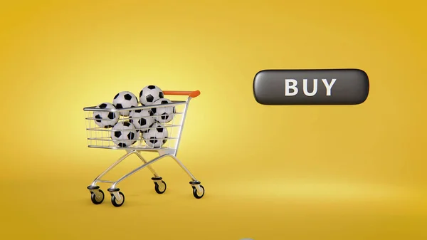 Ilustração 3d de carrinho de compras cheio de bolas de futebol com botão comprar. — Fotografia de Stock