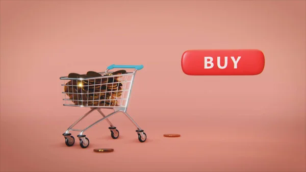 3d illustration of shopping cart full of coins with button buy. — Photo