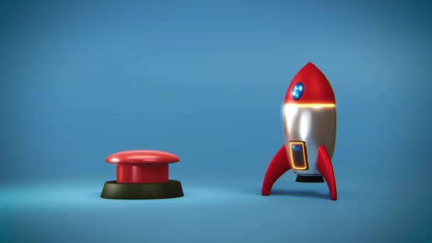 4k video of cartoon red button and rocket. — Vídeo de Stock