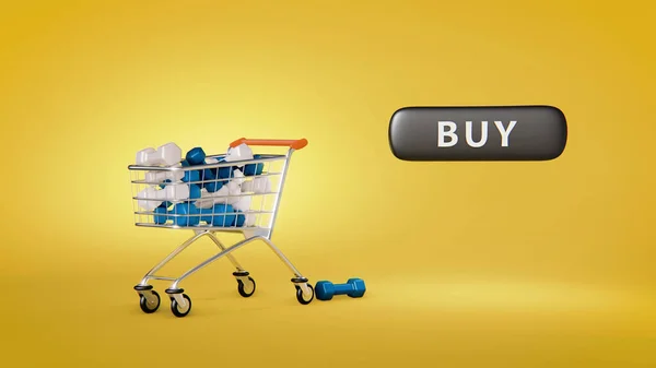 3d illustration of shopping cart full of dumbbells with button buy. — Photo