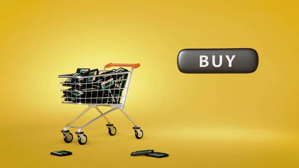 3d illustration of shopping cart full of cassettes with button buy. — Photo