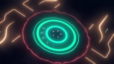 Soyut dijital yeşil çemberin koyu arkaplanlı ve altın çizgili 4k videosu. Soyut çember kavramı.