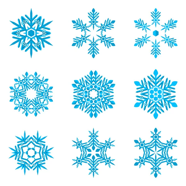 Conjunto de copos de nieve azules sobre blanco — Vector de stock