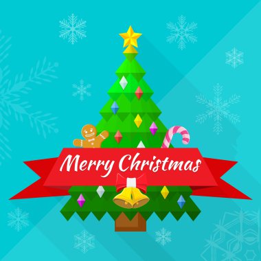 ağaç ve süslemeleri ile neşeli Noel tebrik kartı