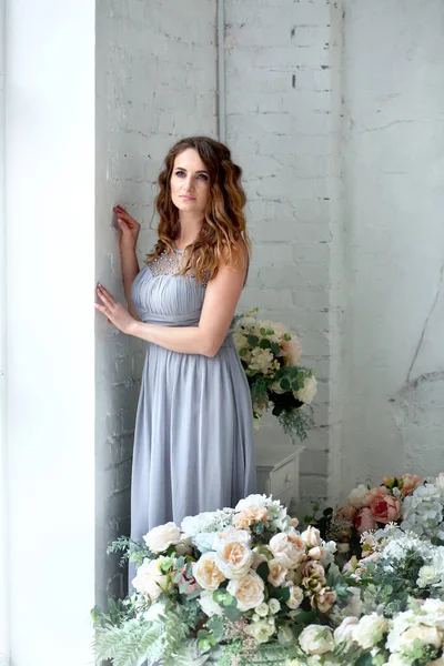 Stunningly Beautiful Young Brunette Girl Lavender Colored Dress Standing Window — Stock Fotó