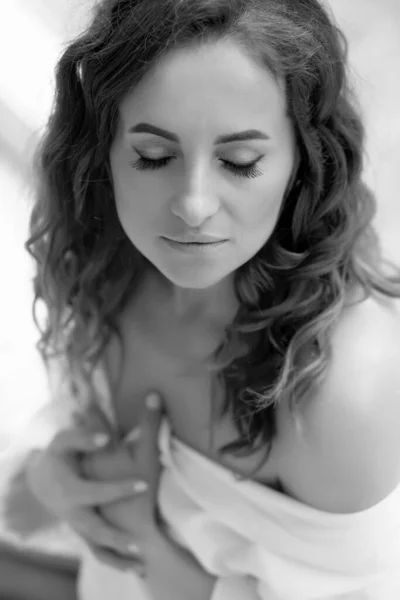 Black White Gentle Stunning Young Girl Close Portrait White Shirt — Fotografia de Stock