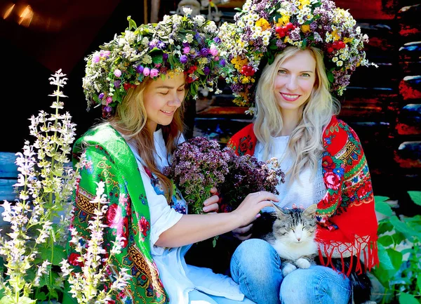 화환에 소녀는 고양이와 놀이를 여행을 자연스럽게 배경에는 우크라이나 — 스톡 사진