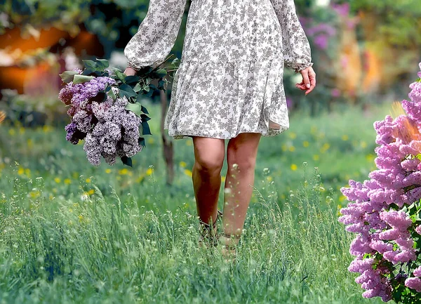 Las Piernas Una Chica Vestido Ligero Caminando Sobre Hierba Verde — Foto de Stock