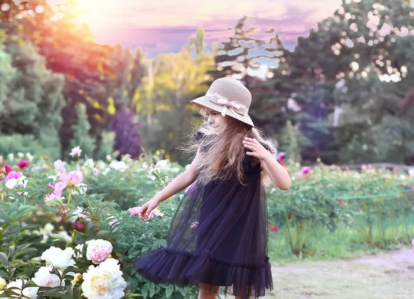 Siyah Havalı Elbiseli Şapkalı Küçük Bir Kız Şakayıkların Çiçek Açtığı — Stok fotoğraf