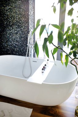 Pamuk beyazı akrilik banyo ve bambu dallı yeşil dekor. Hijyen, duş. Evler, çatı katları. Modern iç konsept.