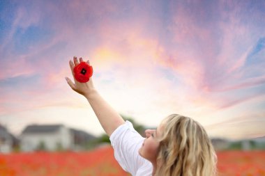 Bir kadının elinde gün batımına karşı kırmızı gelincik çiçeği. Harika bir yaz geçmişi var. Doğa konsepti