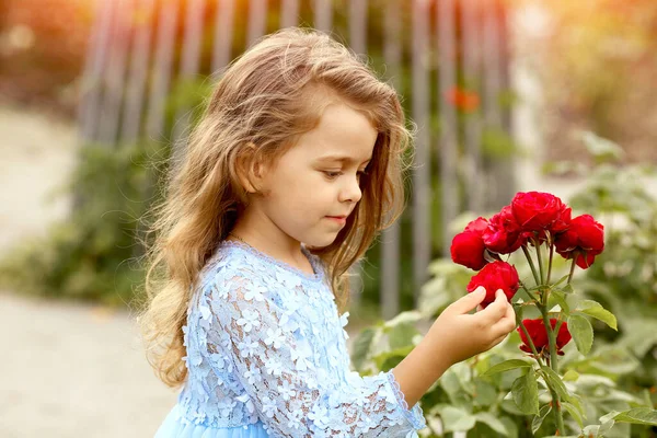 Menina Feliz Vestido Azul Com Parque Verão Filhos Conceito Felicidade — Fotografia de Stock