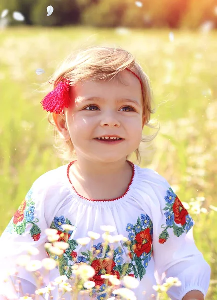 Una Niña Ucraniana Caucásica Una Camisa Con Bordado Caminando Campo —  Fotos de Stock