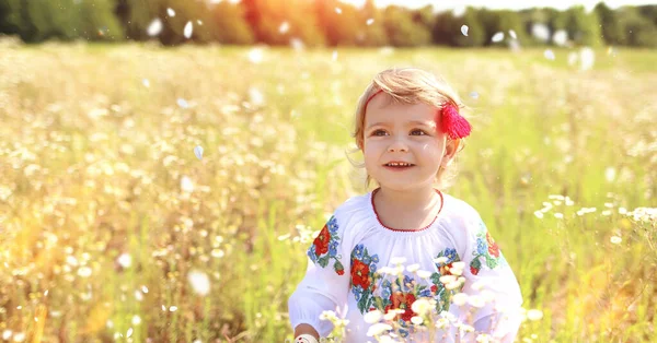 Banner Com Uma Menina Ucraniana Caucasiana Feliz Uma Camisa Com — Fotografia de Stock