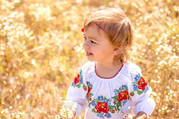 Una Pequeña Niña Ucraniana Feliz Mirada Caucásica Izquierda Una Camisa —  Fotos de Stock