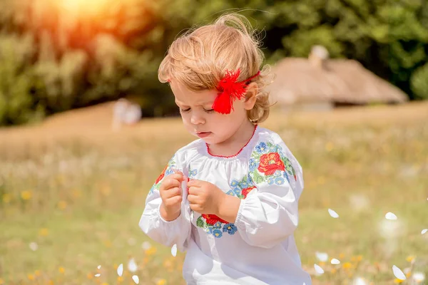 Pequena Menina Ucraniana Caucasiana Engraçada Uma Camisa Com Bordado Brincando — Fotografia de Stock