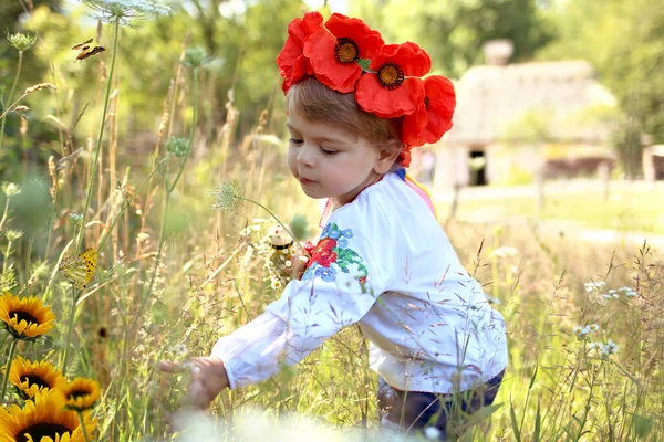 Bonita Menina Ucraniana Caucasiana Uma Grinalda Uma Camisa Bordada Andando — Fotografia de Stock