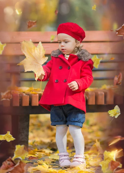 Cute Kaukaska Dziewczynka Czerwonym Płaszczu Beret Patrząc Klon Żółty Liść — Zdjęcie stockowe