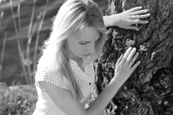 Black White Portrait Young Pensive Caucasian Girl White Dress Sitting — Photo