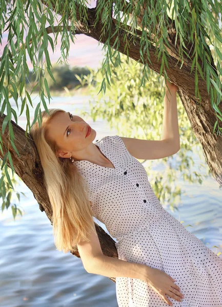 Young Beautiful Caucasian Girl White Dress Polka Dots Blonde Sitting —  Fotos de Stock