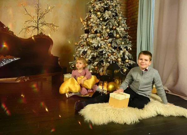 Happy Cute Kids Brother Little Sister Festive Interior Christmas Children — Fotografia de Stock