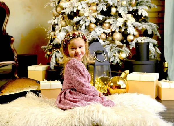 Cute Little Caucasian Girl Festive Day Christmas New Year Interior — Fotografia de Stock