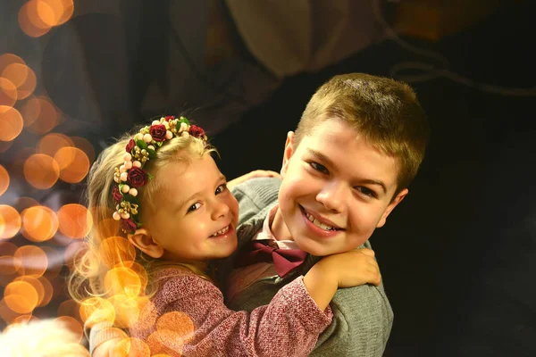 Happy Children Hugging Close Brother Little Sister Festive Interior Christmas — Fotografia de Stock