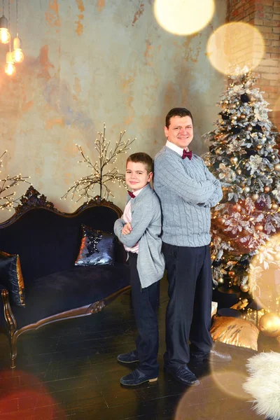 Caucasian Father Son Back Sleep Standing Dressed Festive Interior Christmas — Fotografia de Stock