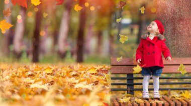 Kırmızı paltolu, bereli, kırmızı elmalı, ağaçların yanında oturan mutlu beyaz bir kız. Göz kamaştırıcı sonbahar ormanı geçmişi. Yapraklar sarı. Çocukluk. Sonbahar konsepti. Boşluğu kopyala 