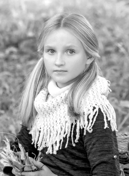 Black White Portrait Blonde Caucasian Girl Knitted Scarf Nature Children — Stock Photo, Image