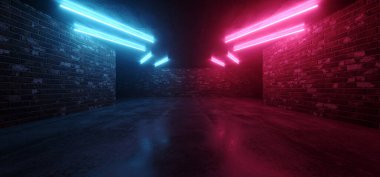 Neon Retro Tünel Koridoru Tuğla ve Beton Tüneli Bodrum Klübü Lazer Kirişleri Flüoresan Mor Mavi Işıklar Gece Sanal Hangar Gösteri Odası 3D