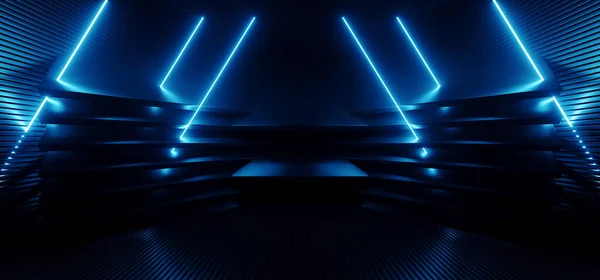 Neon Blue Laser Lines Sci Futuristisch Metall Reflektierende Showroom Bühne — Stockfoto