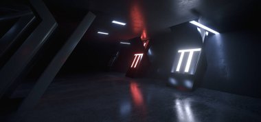 Bilimkurgu Fütüristik Uzay Gemisi Koridoru Parlayan Işıklar Metal Sütunlar Yeraltı Deposu Çimento Beton Döşeme Parlak Arkaplan Gerçekçi Üç Boyutlu Resimler