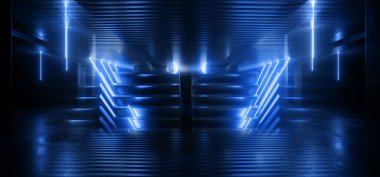 Neon Floresan Lazer Hatları Bilimci Fütüristik Metal Yansıtıcı Sahne Sahnesi Moda Tüneli Koridoru Garaj Gösterisi Yeraltı 3D Resim Hazırlama