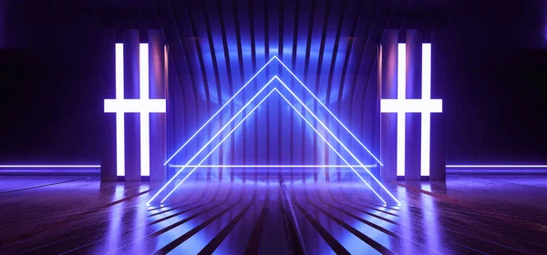 Neon Fluoreszkáló Lézervonalak Sci Futurisztikus Fém Fényvisszaverő Bemutatóterem Színpad Podium — Stock Fotó
