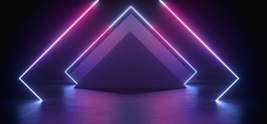 Neon Bilim Kurgu Parlak Mavi Lacivert Lazer Retro Fütüristik Dikdörtgen Çerçeve şekilli Beton Döşemeli Beton Beton Döşemeli Beton Parlak Zemin Parlak Karanlık Tünel Odası 3D Resim Çizim