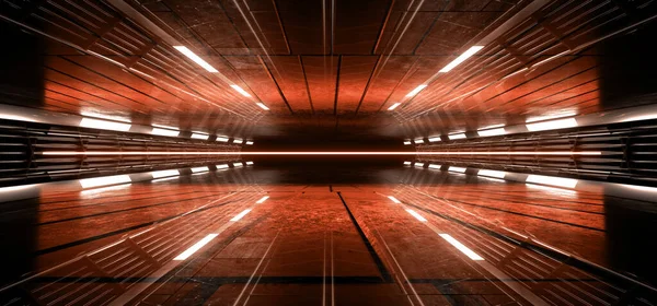 Neon Laser Fluorescente Arancione Incandescente Fantascienza Futuristico Magazzino Hangar Astronave — Foto Stock