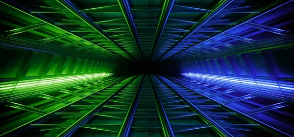 Üçgen Neon Lazer Flüoresan Yeşil Parlak Bilim Kurgu Geleceğin Hangar — Stok fotoğraf