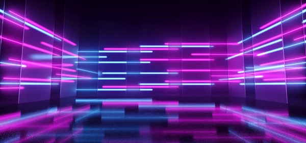 Siber Neon Parlayan Mor Parlak Mor Parlak Flüoresan Lazer Işıklar Parlayan Karanlık Koridor Koridoru Koridor Salon Parlak Beton Beton Çimento Sahne 3 boyutlu Resim