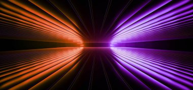 Bilimkurgu Neon Parlak Çizgiler Portakal Mor Canlı Yumuşak Çizgileri Fütüristik Metal Depo Uzaylı Uzay Gemisi Odası Temiz Karanlık Hangar Podyumu 3D Resim Odası